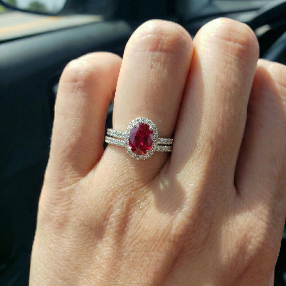 1.25CT Ruby Engagement Ring Travel Ring Oval Halo Pave Bridal Gift