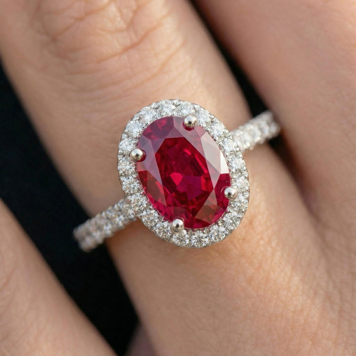 1.25CT Ruby Engagement Ring Travel Ring Oval Halo Pave Bridal Gift