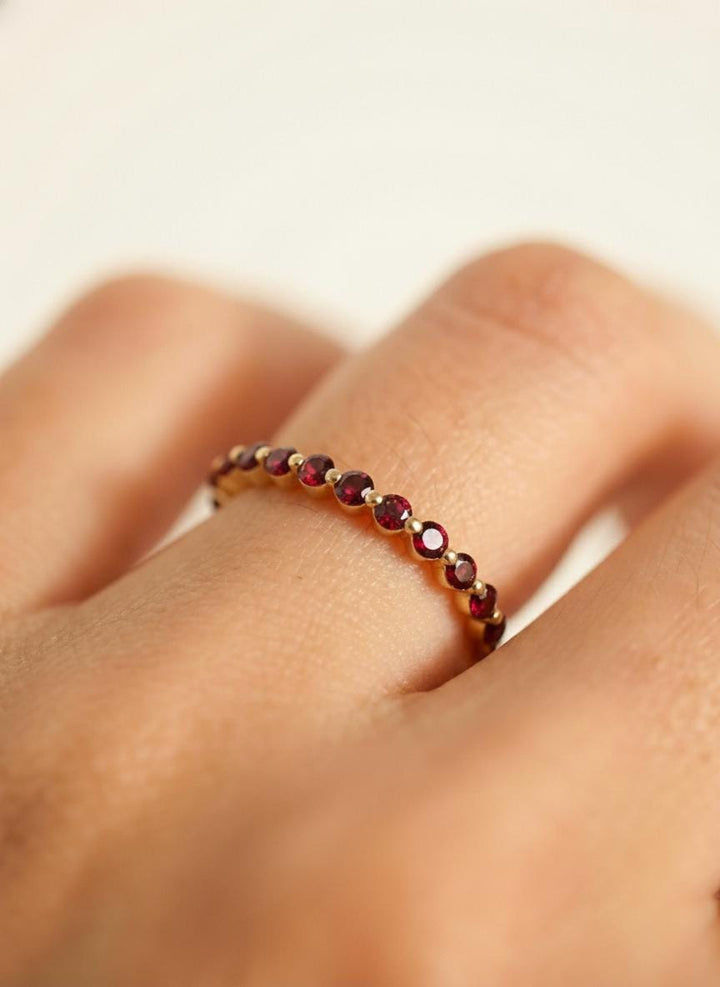 2.0 Mm Single Prong Garnet Ring, January Birthstone, Half Eternity Stackable Band, Garnet Wedding Band, Stacking Ring