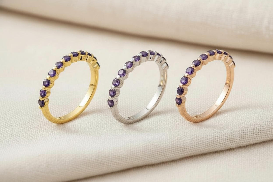 2.0 mm Single Prong Amethyst Ring, February Birthstone, Half Eternity Stackable Band, Amethyst Wedding Band, Stacking Ring