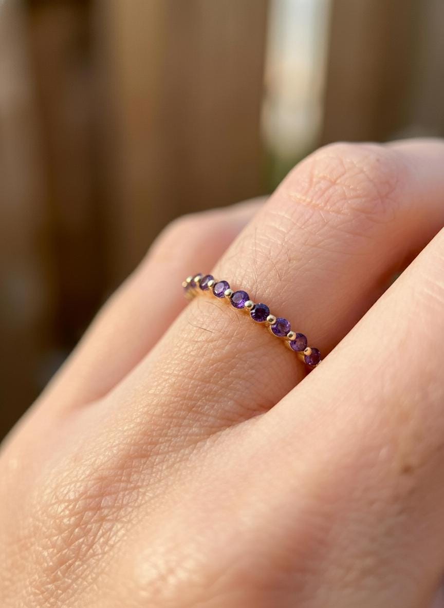 2.0 mm Single Prong Amethyst Ring, February Birthstone, Half Eternity Stackable Band, Amethyst Wedding Band, Stacking Ring