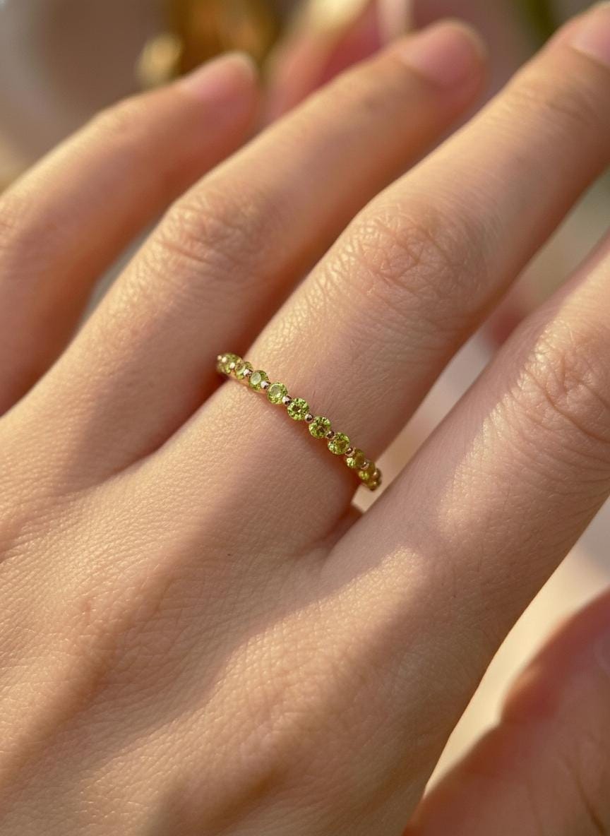 2.0 mm Single Prong Peridot Ring, August Birthstone, Half Eternity Stackable Band, Peridot Wedding Band, Stacking Ring