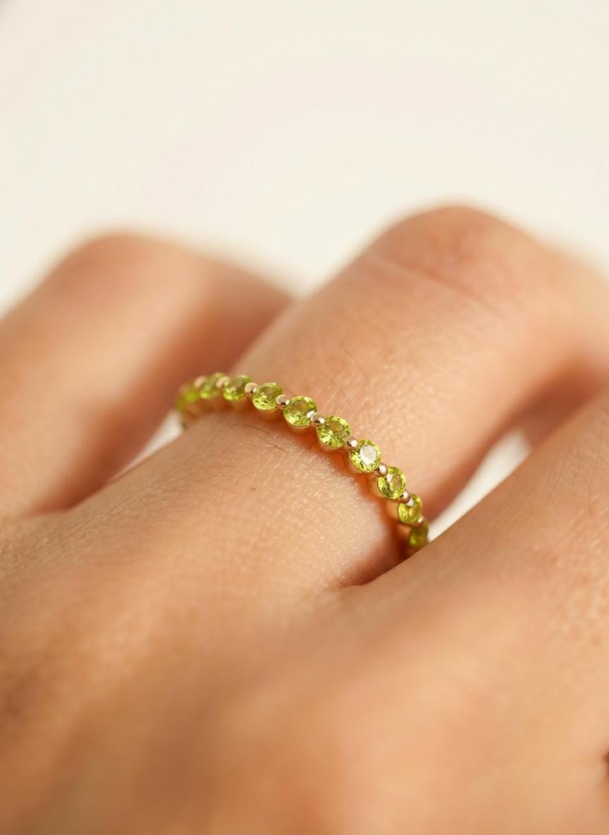 2.0 mm Single Prong Peridot Ring, August Birthstone, Half Eternity Stackable Band, Peridot Wedding Band, Stacking Ring