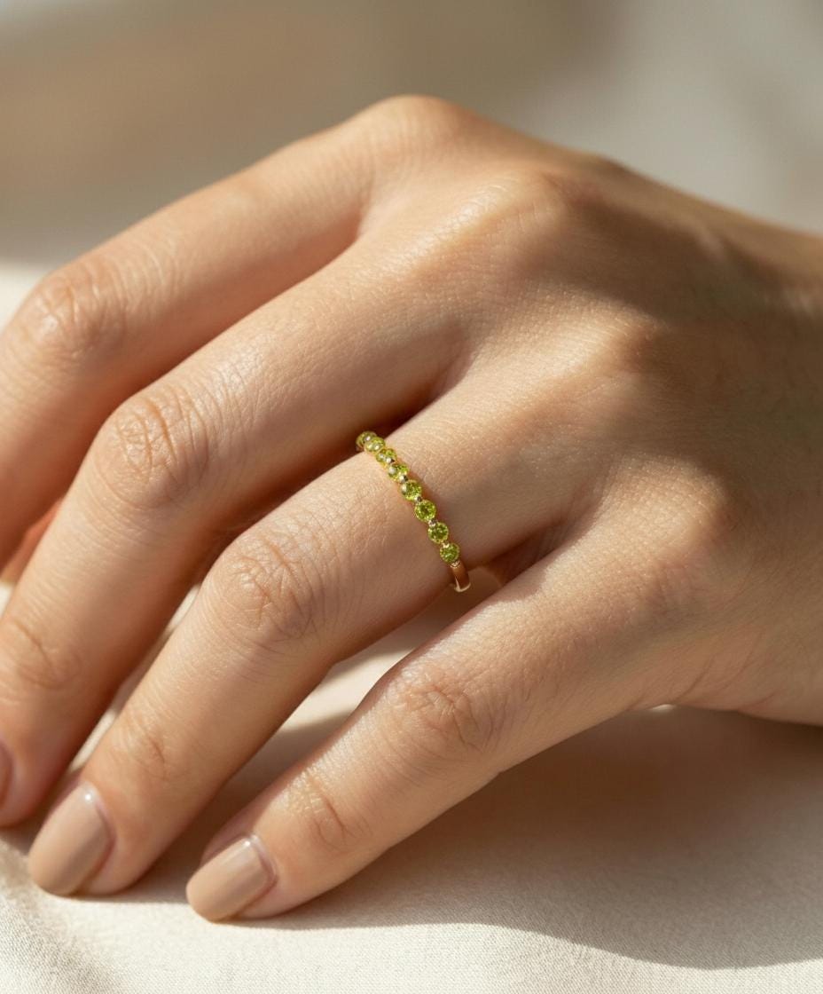 2.0 mm Single Prong Peridot Ring, August Birthstone, Half Eternity Stackable Band, Peridot Wedding Band, Stacking Ring