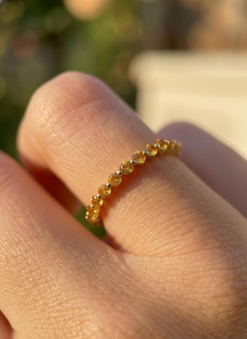 2.0 mm Single Prong Citrine Ring, November Birthstone, Half Eternity Stackable Band, Citrine Wedding Band, Stacking Ring