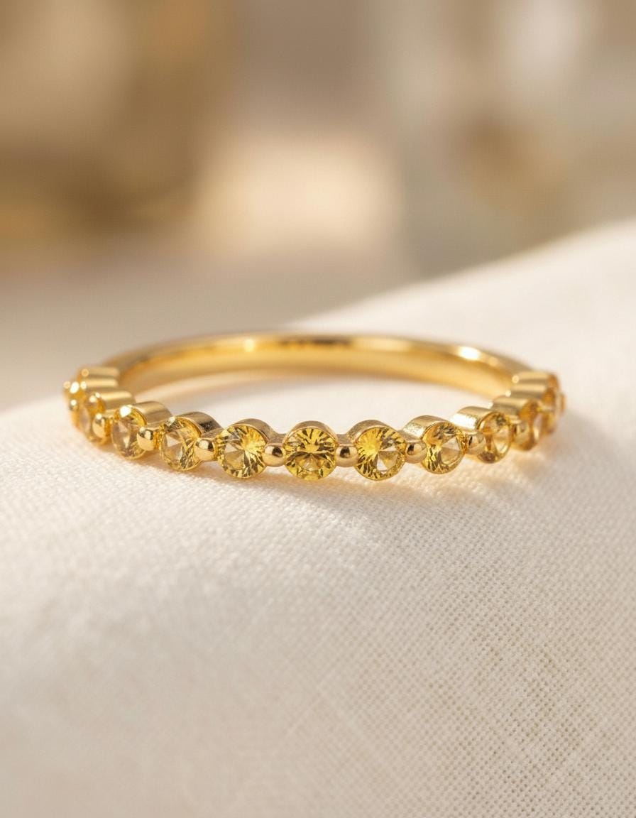 2.0 mm Single Prong Citrine Ring, November Birthstone, Half Eternity Stackable Band, Citrine Wedding Band, Stacking Ring
