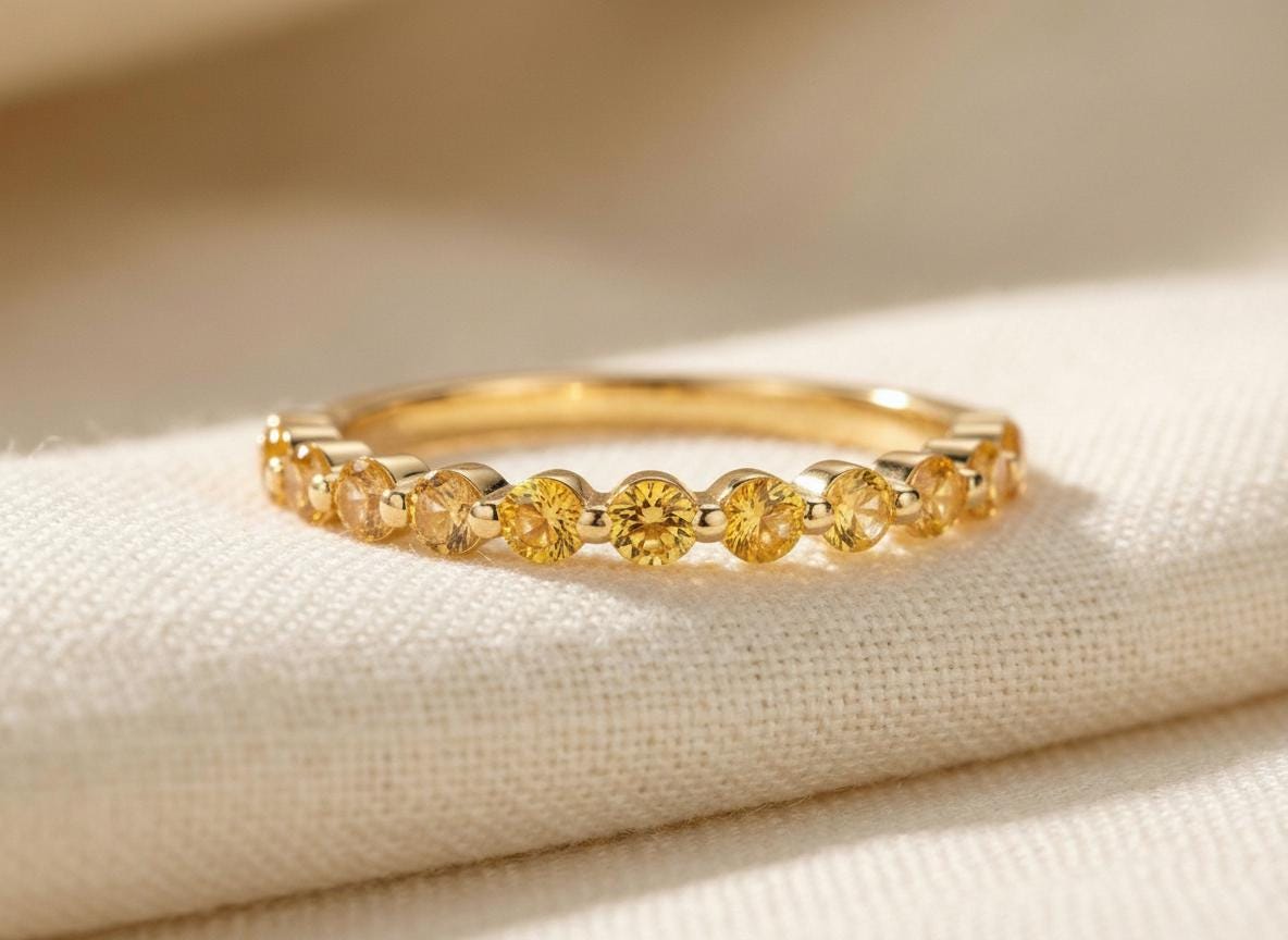 2.0 mm Single Prong Citrine Ring, November Birthstone, Half Eternity Stackable Band, Citrine Wedding Band, Stacking Ring