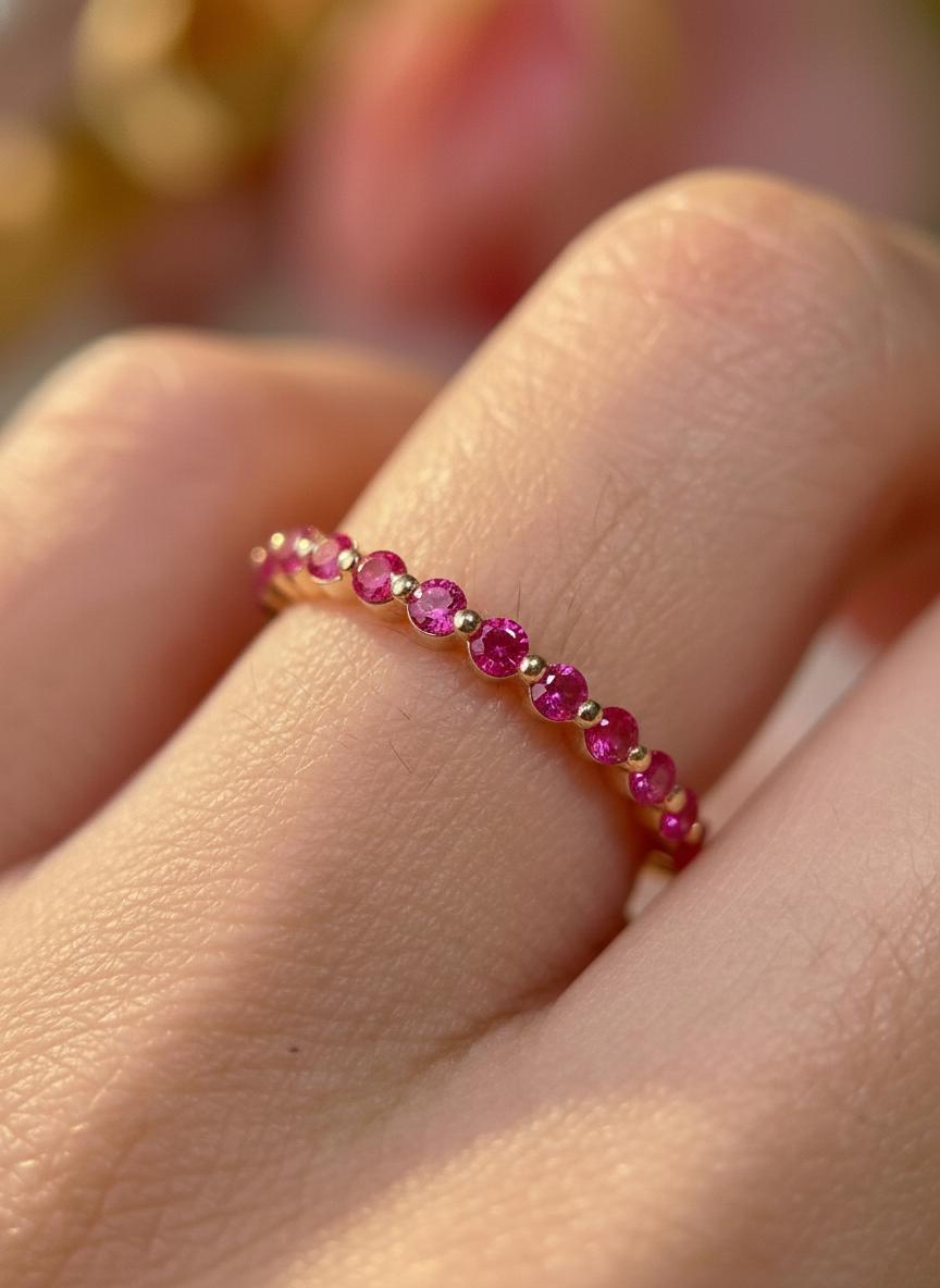2.0 mm Single Prong Pink Tourmaline Ring, October Birthstone, Half Eternity Stackable Band, Pink Tourmaline Wedding Band, Stacking Ring