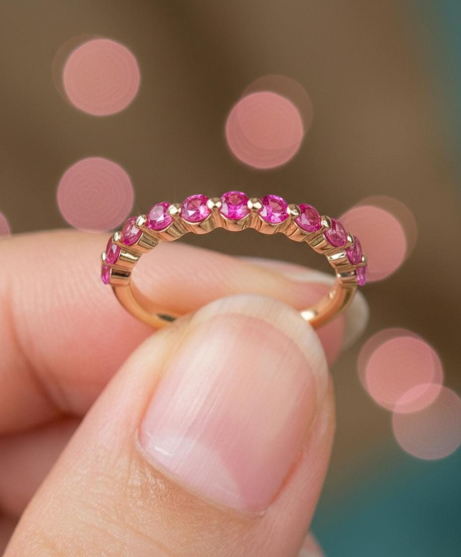 2.0 mm Single Prong Pink Tourmaline Ring, October Birthstone, Half Eternity Stackable Band, Pink Tourmaline Wedding Band, Stacking Ring