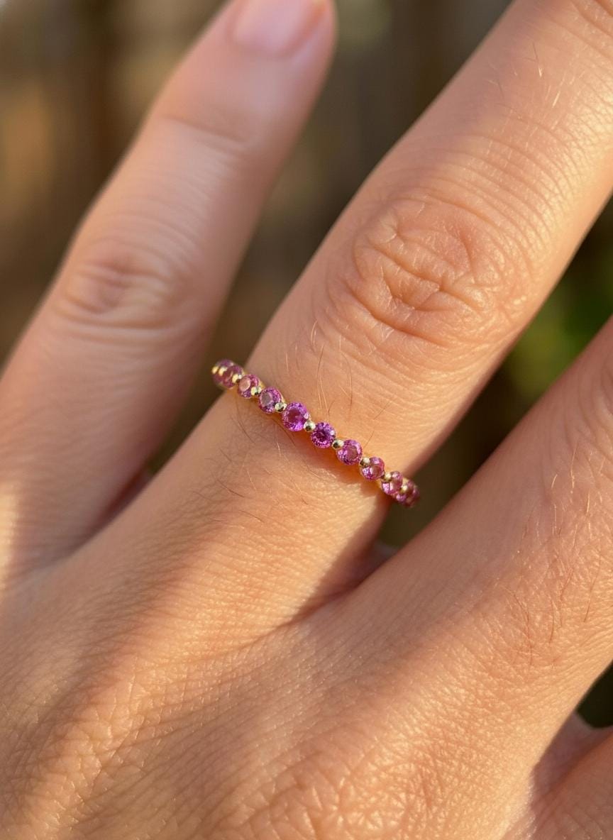 2.0 mm Single Prong Pink Tourmaline Ring, October Birthstone, Half Eternity Stackable Band, Pink Tourmaline Wedding Band, Stacking Ring
