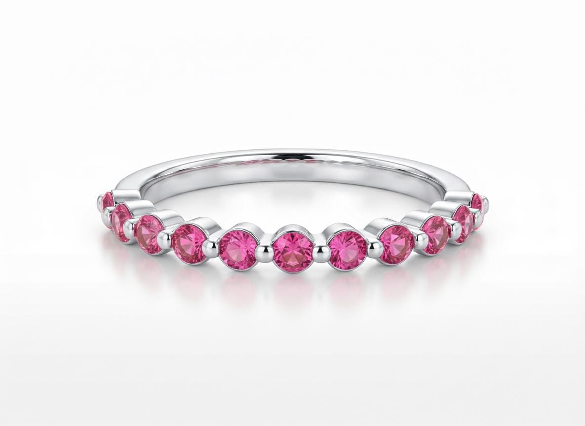 2.0 mm Single Prong Pink Tourmaline Ring, October Birthstone, Half Eternity Stackable Band, Pink Tourmaline Wedding Band, Stacking Ring