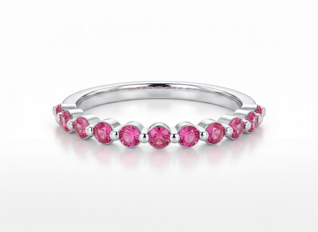 2.0 mm Single Prong Pink Tourmaline Ring, October Birthstone, Half Eternity Stackable Band, Pink Tourmaline Wedding Band, Stacking Ring