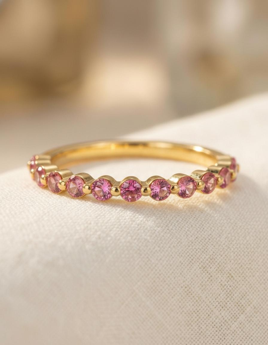 2.0 mm Single Prong Pink Tourmaline Ring, October Birthstone, Half Eternity Stackable Band, Pink Tourmaline Wedding Band, Stacking Ring