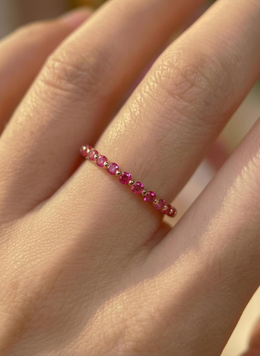 2.0 mm Single Prong Pink Tourmaline Ring, October Birthstone, Half Eternity Stackable Band, Pink Tourmaline Wedding Band, Stacking Ring
