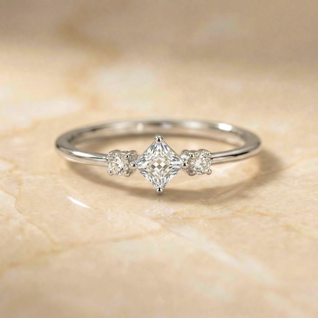 Minimalist White Moissanite Engagement Ring, Kite Set Princess Cut Promise Ring, Dainty Three Stone Ring