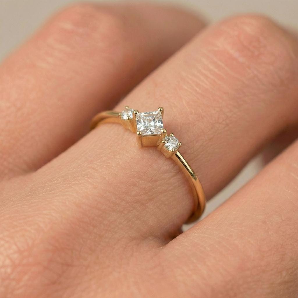 Minimalist White Moissanite Engagement Ring, Kite Set Princess Cut Promise Ring, Dainty Three Stone Ring