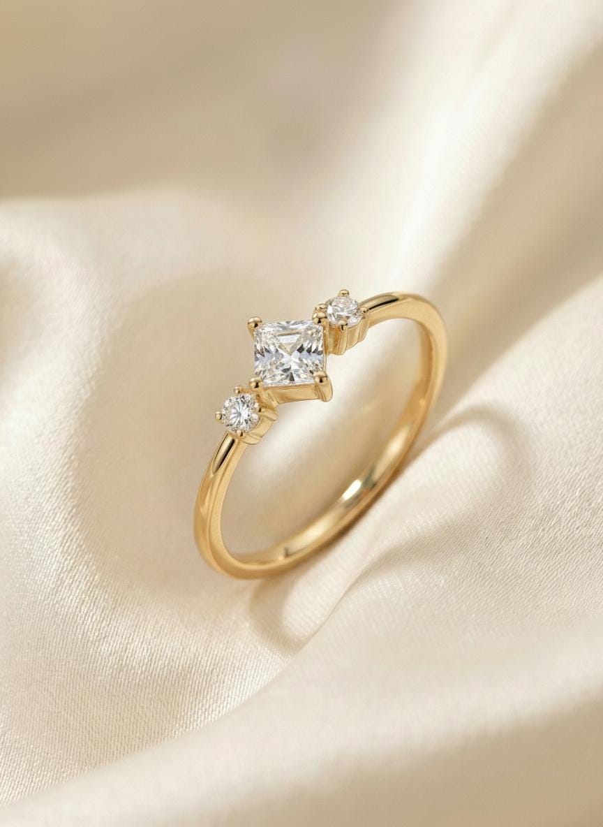 Simulated Diamond Kite Engagement Ring, Three Stone Art Deco Ring, Dainty Minimalist Promise Ring, Bridal Anniversary Gift for Her