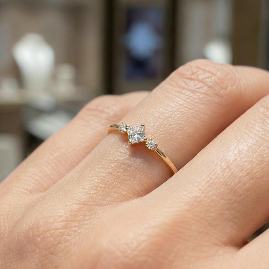 Simulated Diamond Kite Engagement Ring, Three Stone Art Deco Ring, Dainty Minimalist Promise Ring, Bridal Anniversary Gift for Her