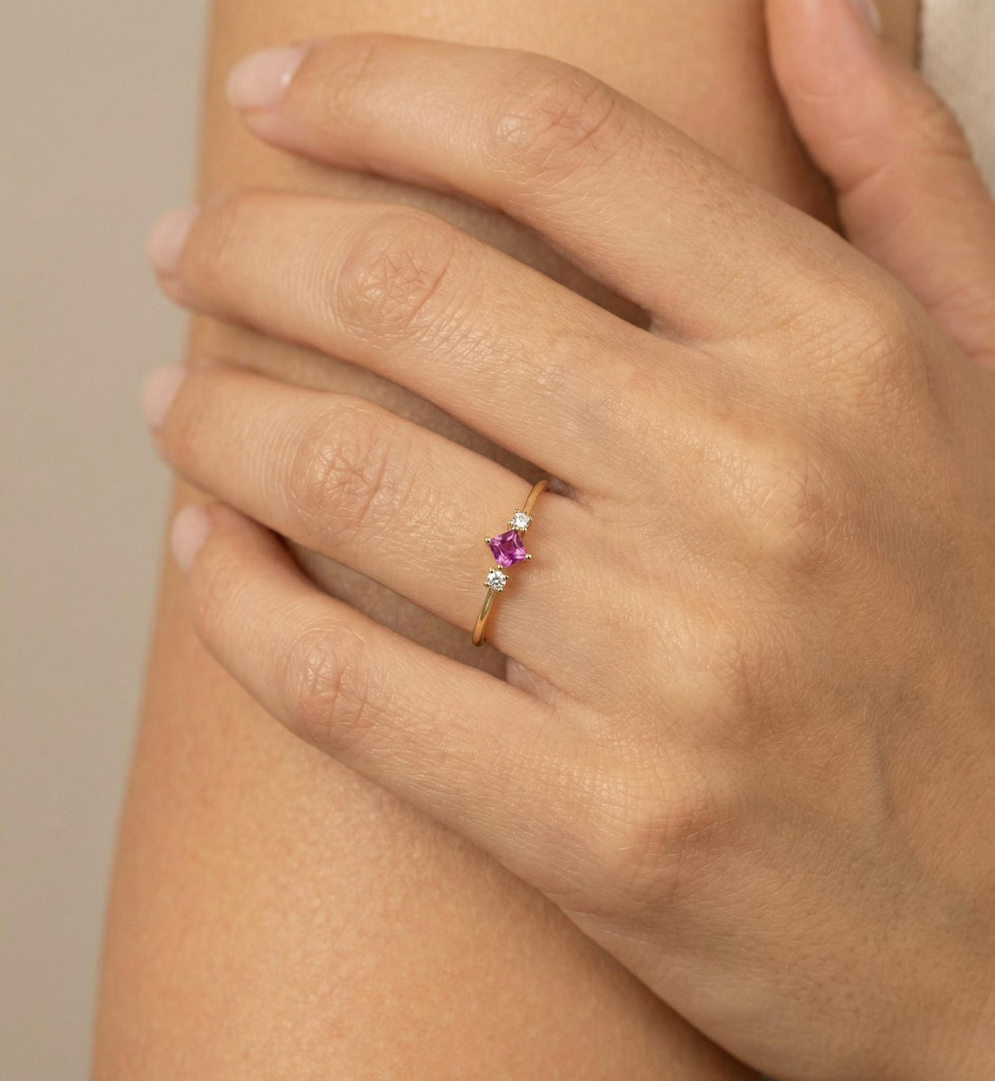 Princess Cut Pink Sapphire Engagement Ring, Three Stone Promise Ring, Dainty Art Deco Ring, September Birthstone Jewelry for Her