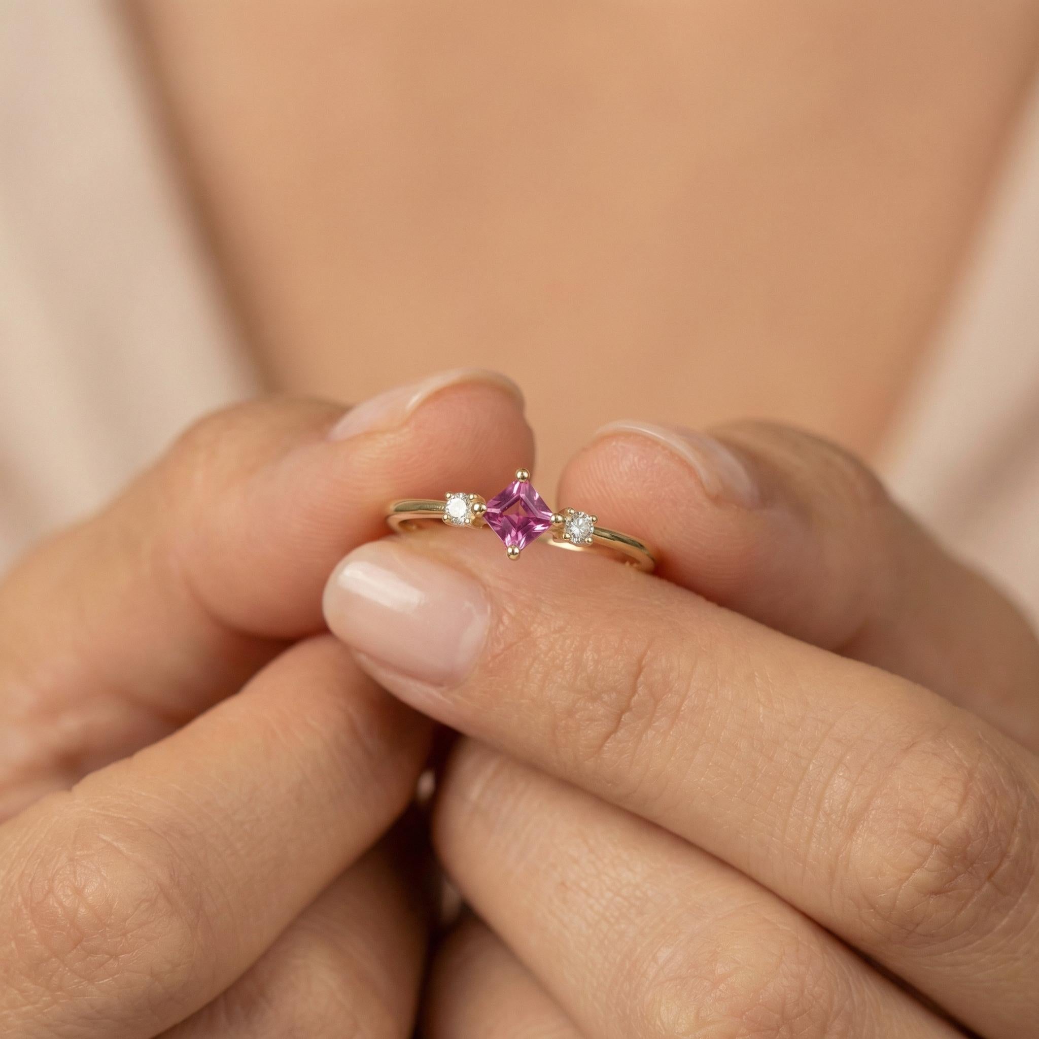 Princess Cut Pink Sapphire Engagement Ring, Three Stone Promise Ring, Dainty Art Deco Ring, September Birthstone Jewelry for Her