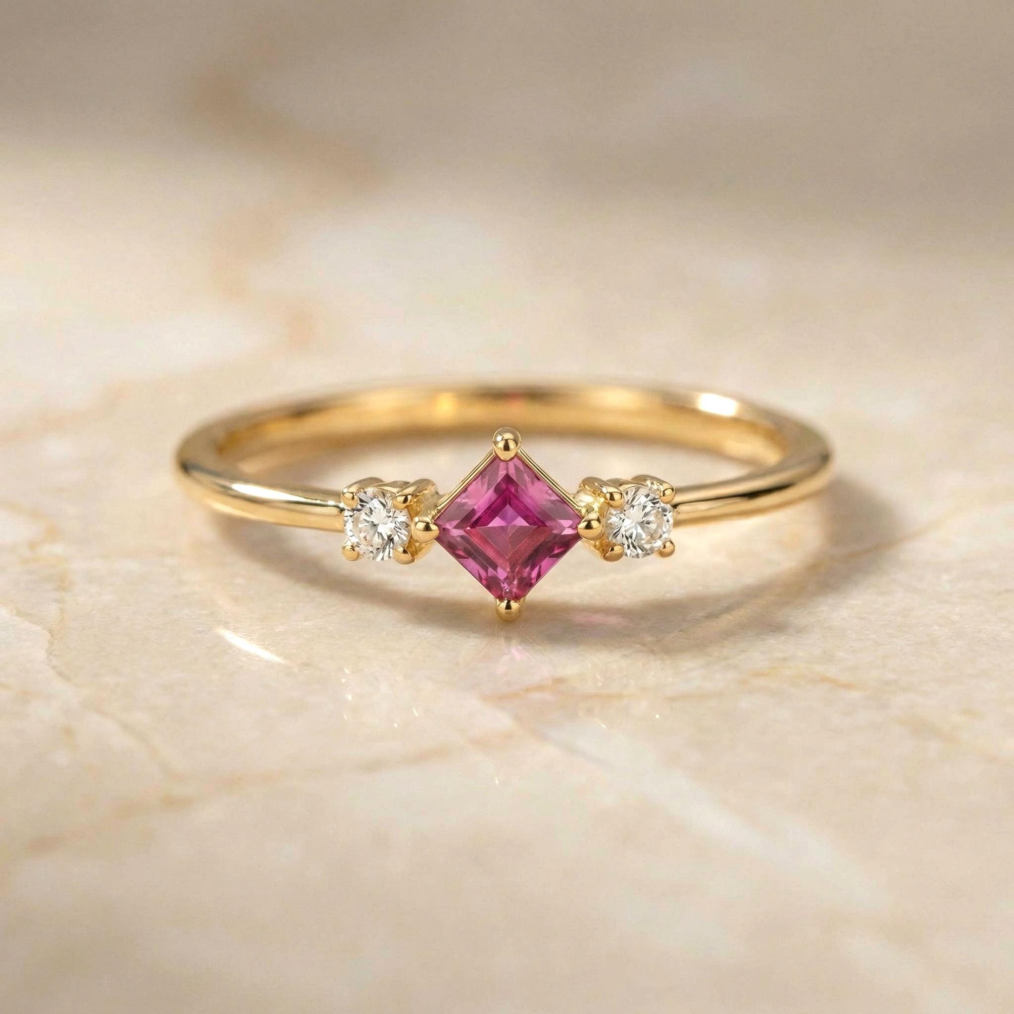 Princess Cut Pink Sapphire Engagement Ring, Three Stone Promise Ring, Dainty Art Deco Ring, September Birthstone Jewelry for Her