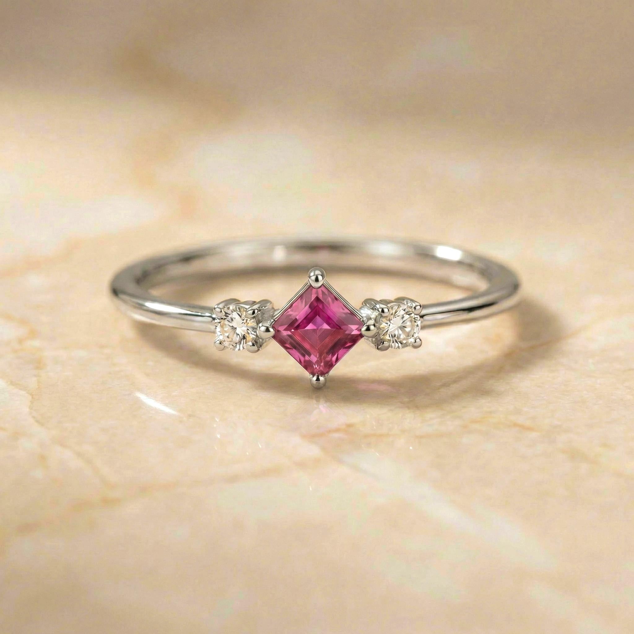Princess Cut Pink Sapphire Engagement Ring, Three Stone Promise Ring, Dainty Art Deco Ring, September Birthstone Jewelry for Her