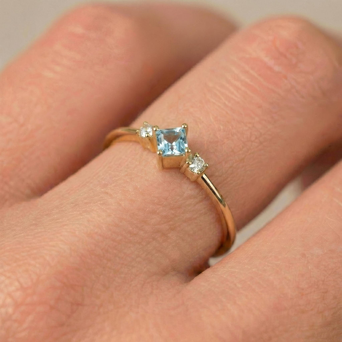 Princess Cut Aquamarine Ring March Birthstone Promise Ring Minimalist Three Stone Engagement Ring Dainty Light Blue Gemstone Jewelry