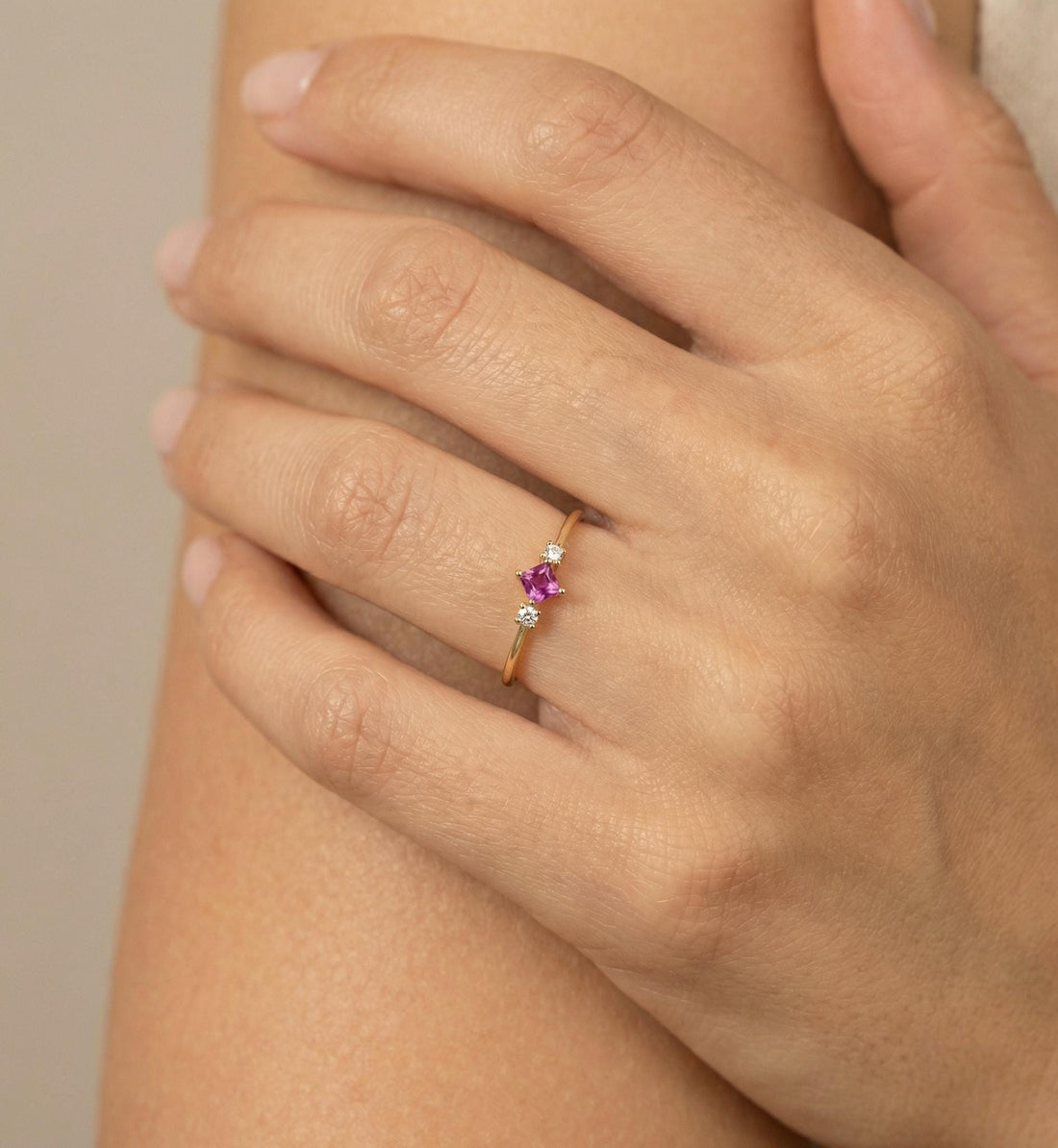 Pink Tourmaline Three Stone Ring, October Birthstone Promise Ring, Dainty Minimalist Pink Gemstone Jewelry, Birthday Gift for Her
