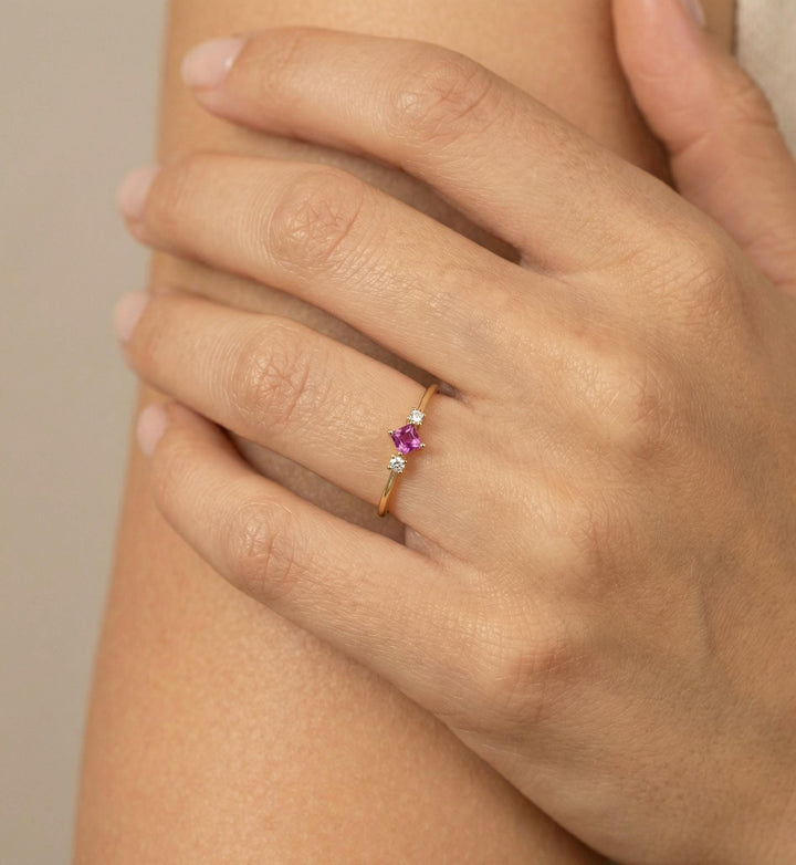 Pink Tourmaline Three Stone Ring, October Birthstone Promise Ring, Dainty Minimalist Pink Gemstone Jewelry, Birthday Gift for Her