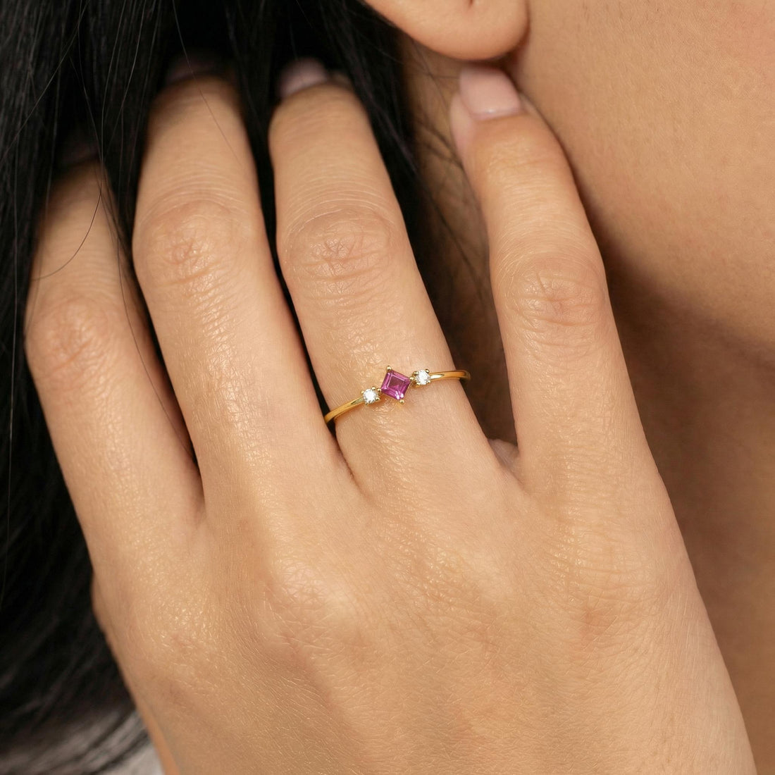 Pink Tourmaline Three Stone Ring, October Birthstone Promise Ring, Dainty Minimalist Pink Gemstone Jewelry, Birthday Gift for Her