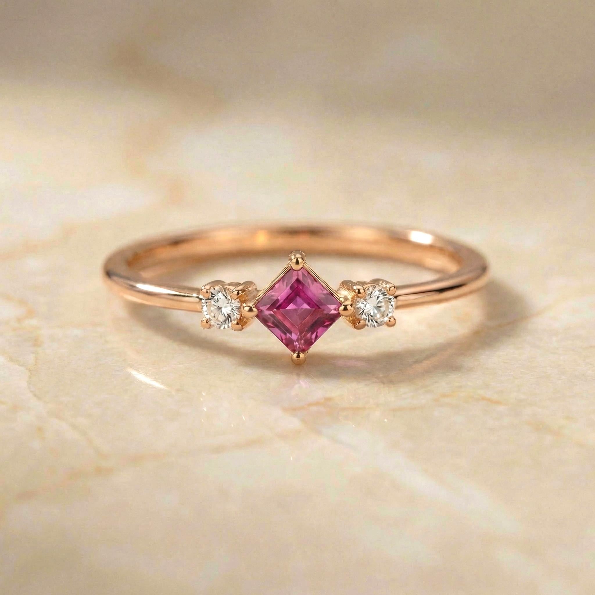 Pink Tourmaline Three Stone Ring, October Birthstone Promise Ring, Dainty Minimalist Pink Gemstone Jewelry, Birthday Gift for Her