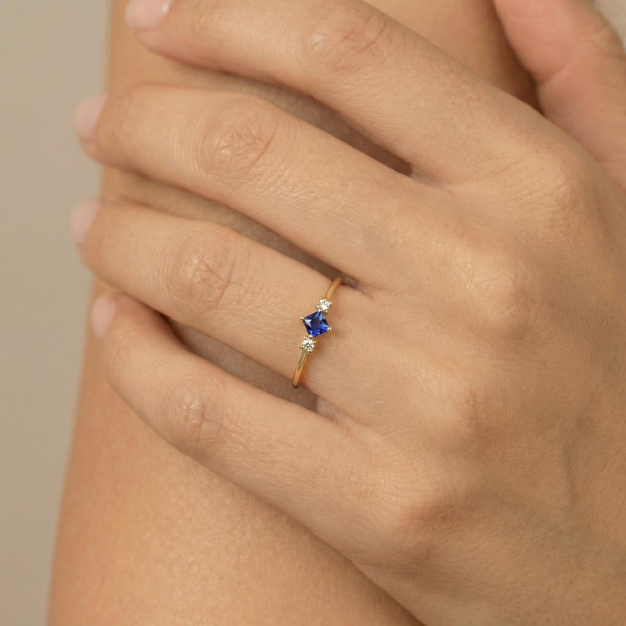 Sapphire Ring September Birthday Gift Royal Blue Dainty Trilogy Promise Ring