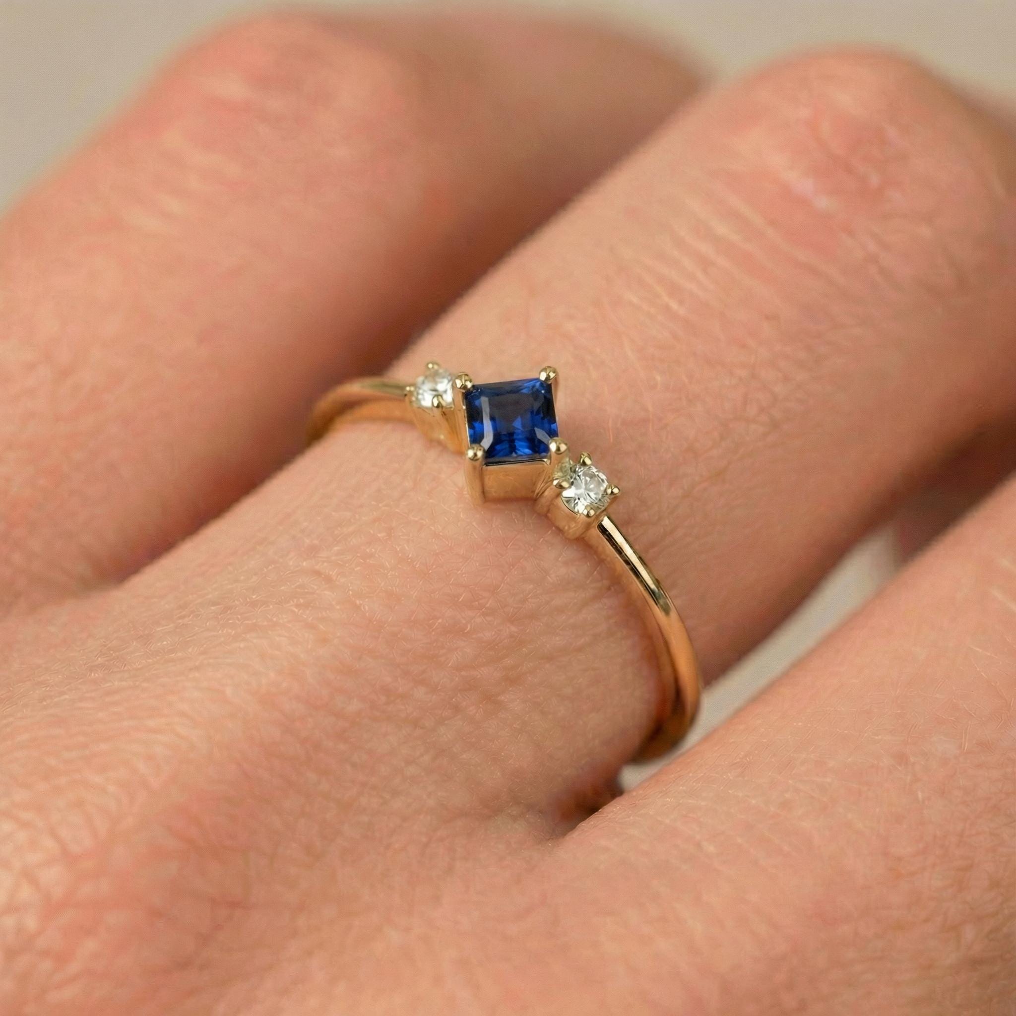 Sapphire Ring September Birthday Gift Royal Blue Dainty Trilogy Promise Ring