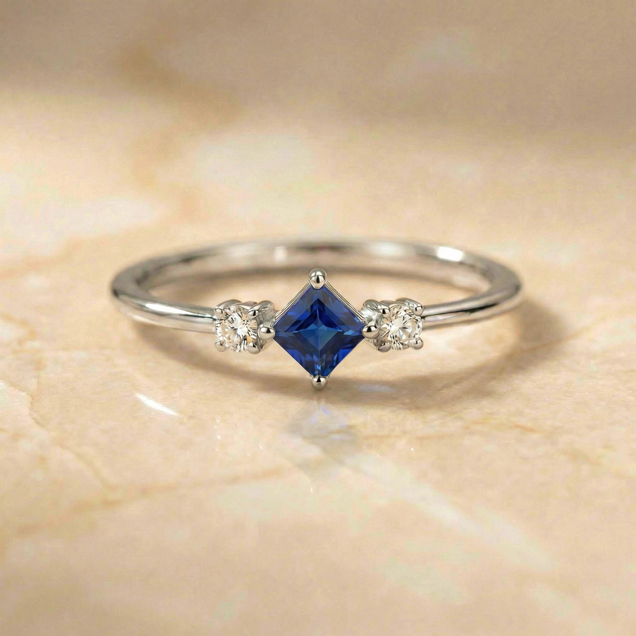 Sapphire Ring September Birthday Gift Royal Blue Dainty Trilogy Promise Ring