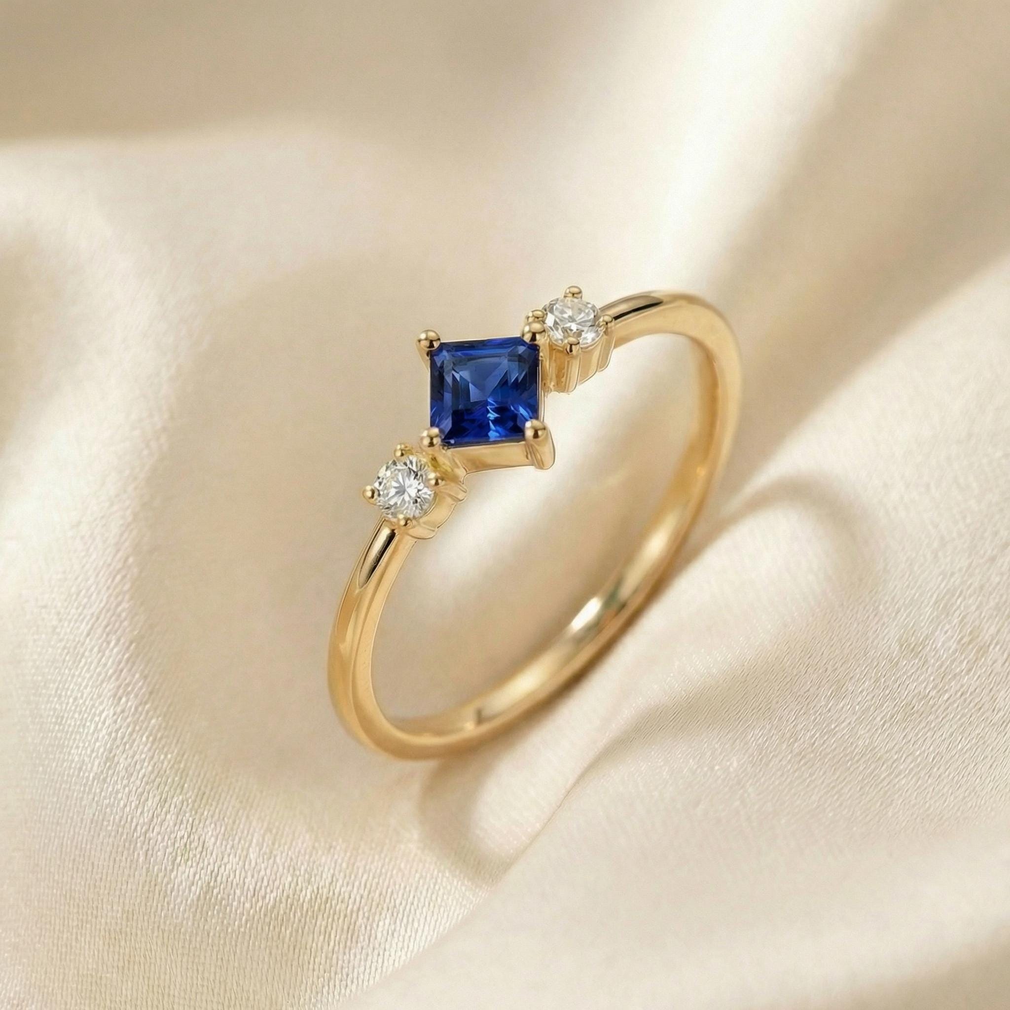 Sapphire Ring September Birthday Gift Royal Blue Dainty Trilogy Promise Ring