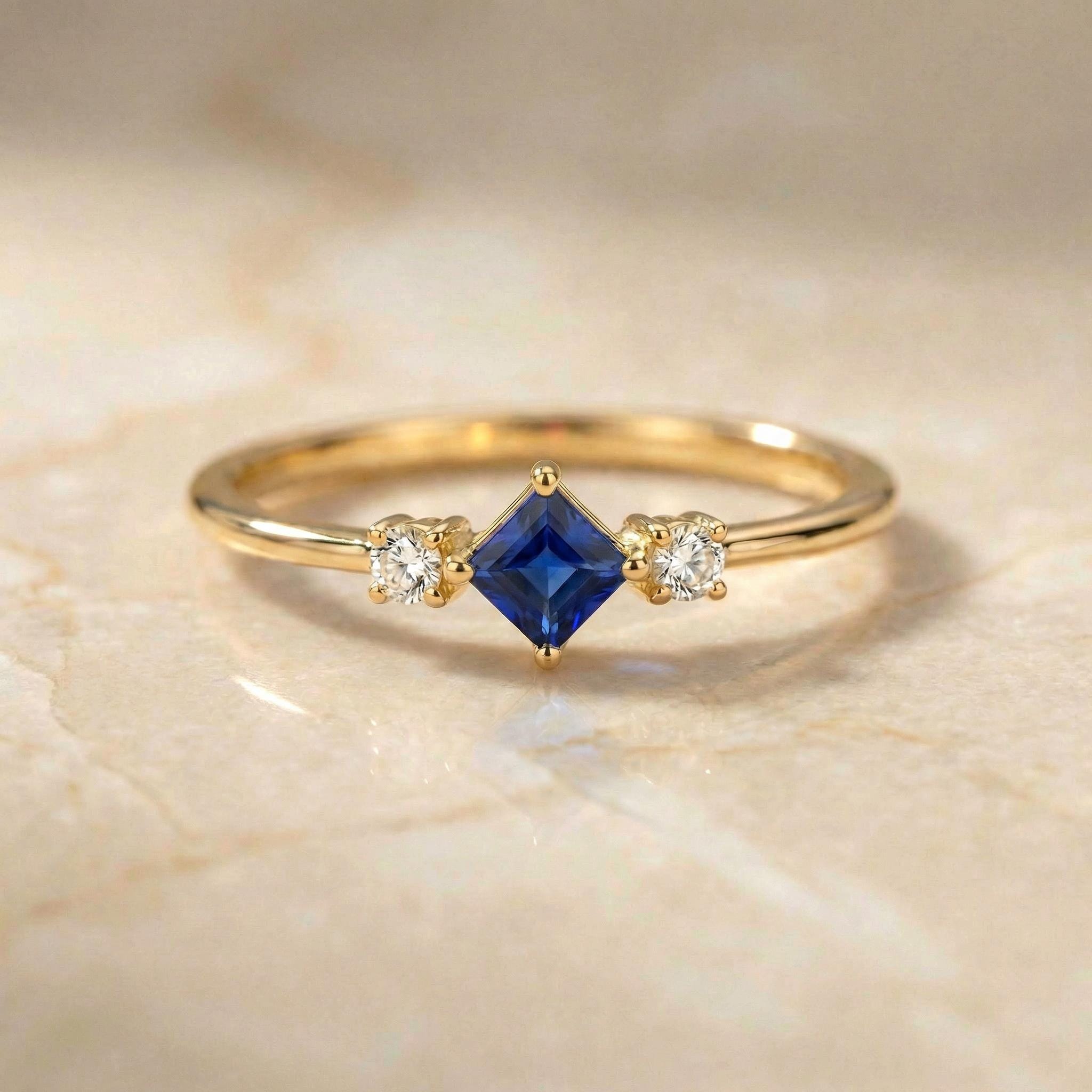 Sapphire Ring September Birthday Gift Royal Blue Dainty Trilogy Promise Ring