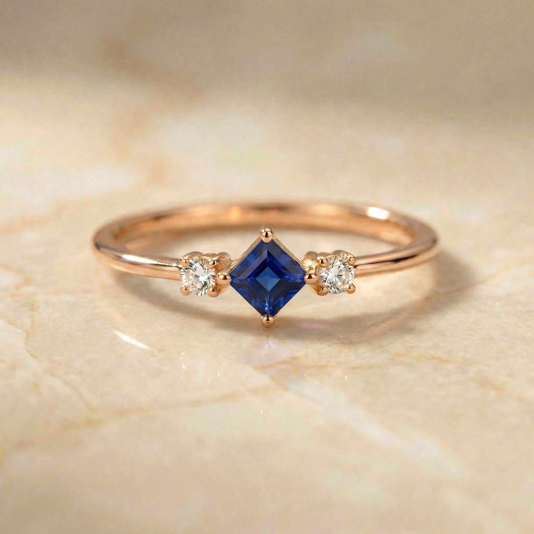 Sapphire Ring September Birthday Gift Royal Blue Dainty Trilogy Promise Ring