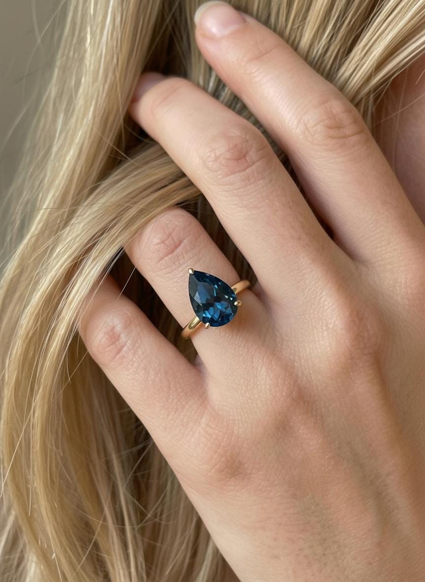 London Blue Topaz Birthstone  Ring, Pear Cut Solitaire Engagement Ring, December Gemstone, Teardrop Promise Ring