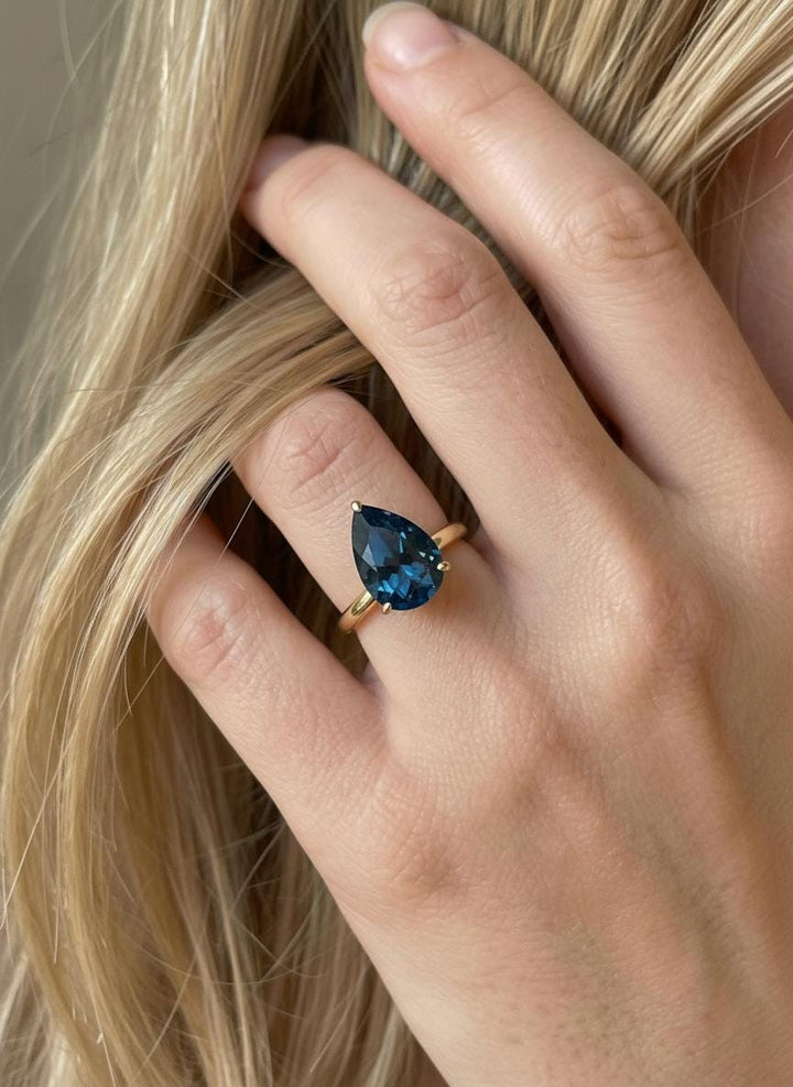 London Blue Topaz Birthstone  Ring, Pear Cut Solitaire Engagement Ring, December Gemstone, Teardrop Promise Ring