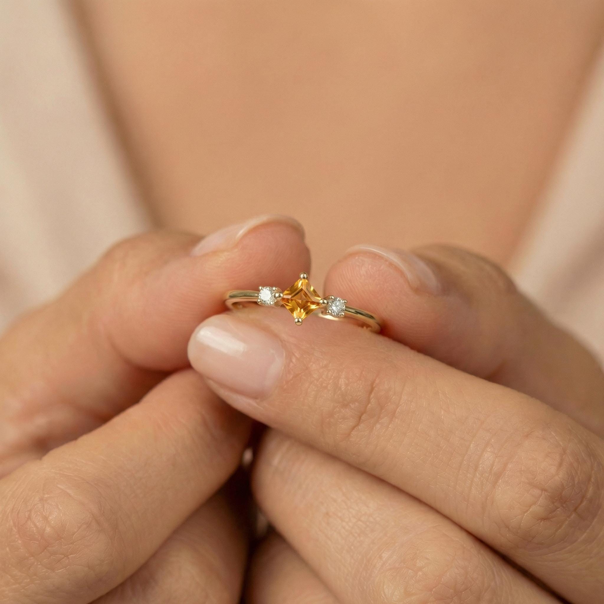 Citrine Wedding Band Ring Birthday Gift For Her November Birthstone Dainty Gold Promise Ring Minimalist Jewelry