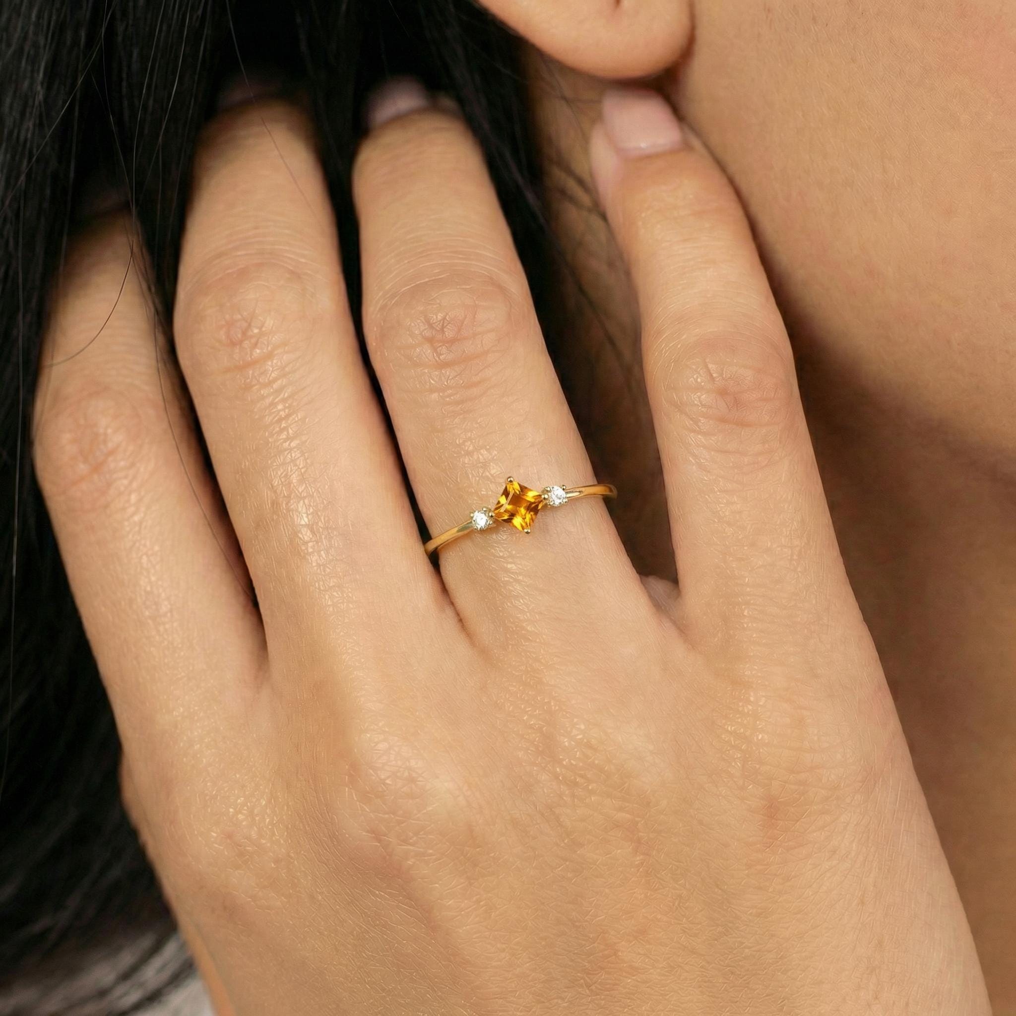Citrine Wedding Band Ring Birthday Gift For Her November Birthstone Dainty Gold Promise Ring Minimalist Jewelry