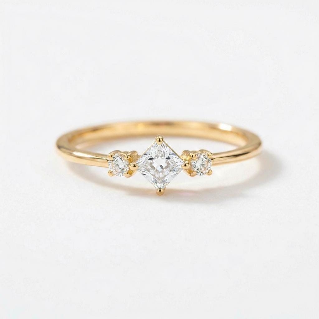 Simulated Diamond Kite Engagement Ring, Three Stone Art Deco Ring, Dainty Minimalist Promise Ring, Bridal Anniversary Gift for Her
