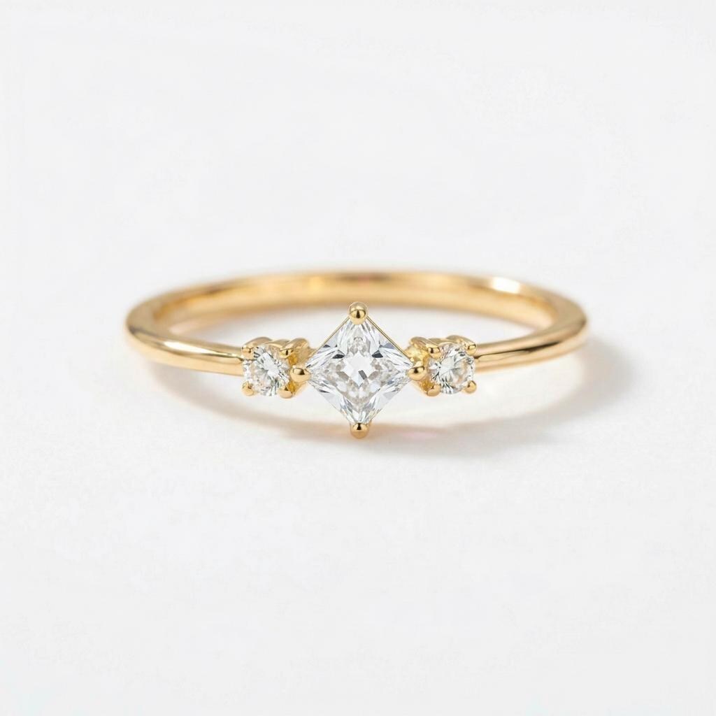Princess Lab Grown Diamond Ring Promise Anniversary Gift Minimalist Three Stone Band  April Birthstone Ring