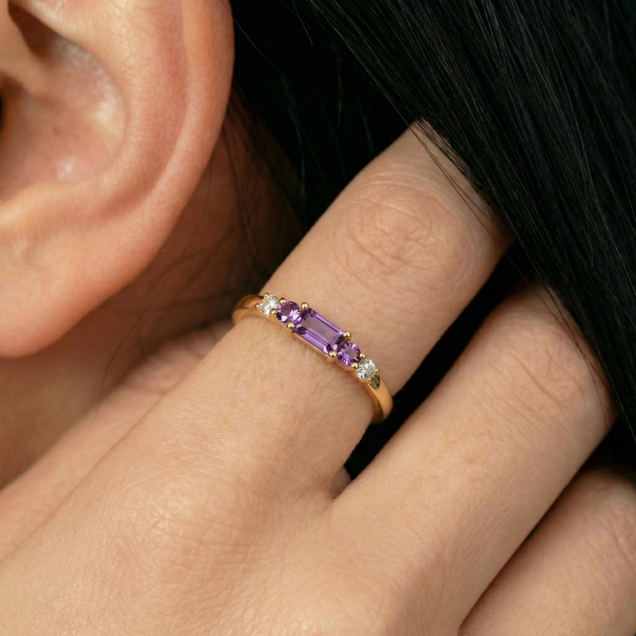 February Birthstone Amethyst Ring Dainty Gold Baguette Wedding Band Minimalist Birthday Gift Simple Stacking Promise Ring