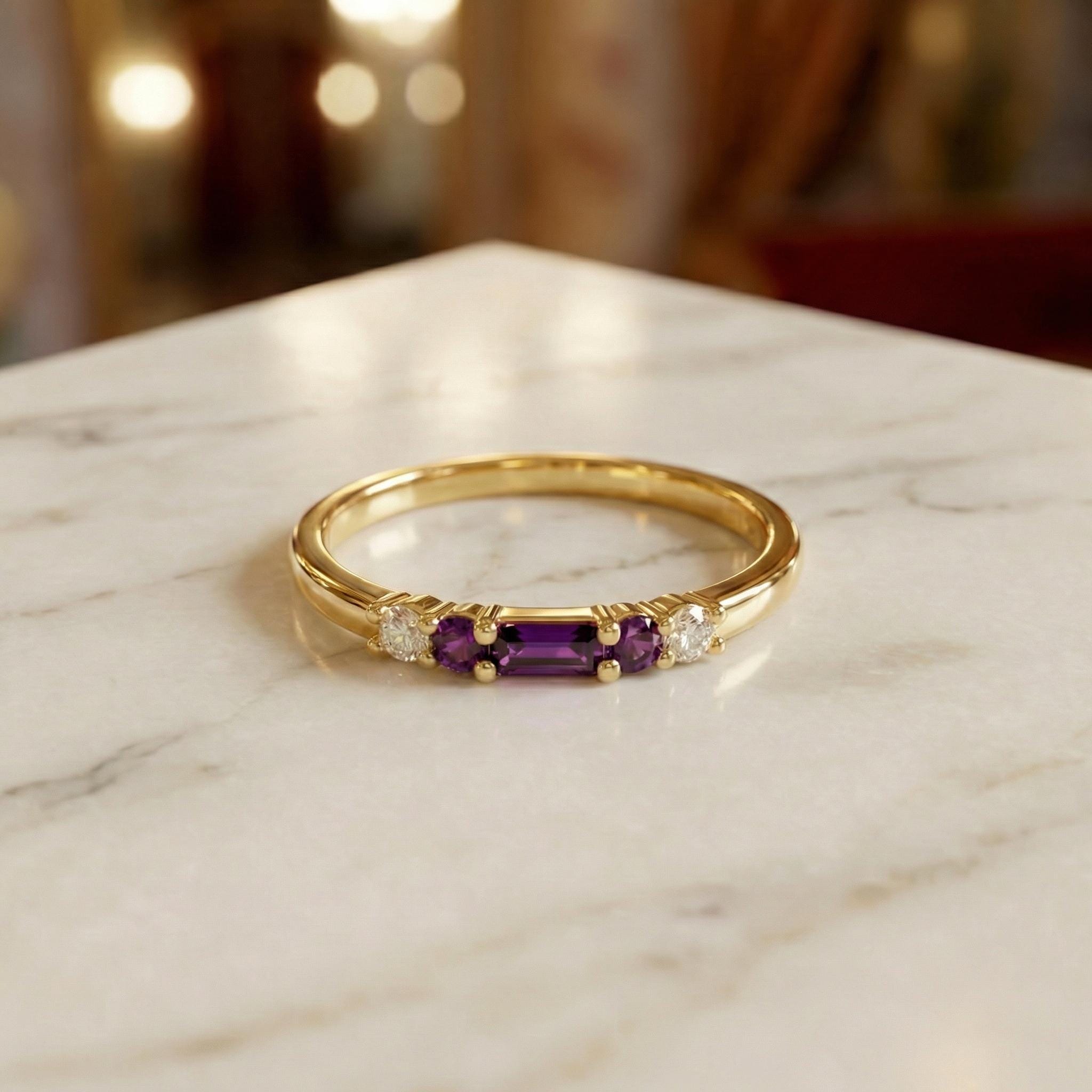 February Birthstone Amethyst Ring Dainty Gold Baguette Wedding Band Minimalist Birthday Gift Simple Stacking Promise Ring