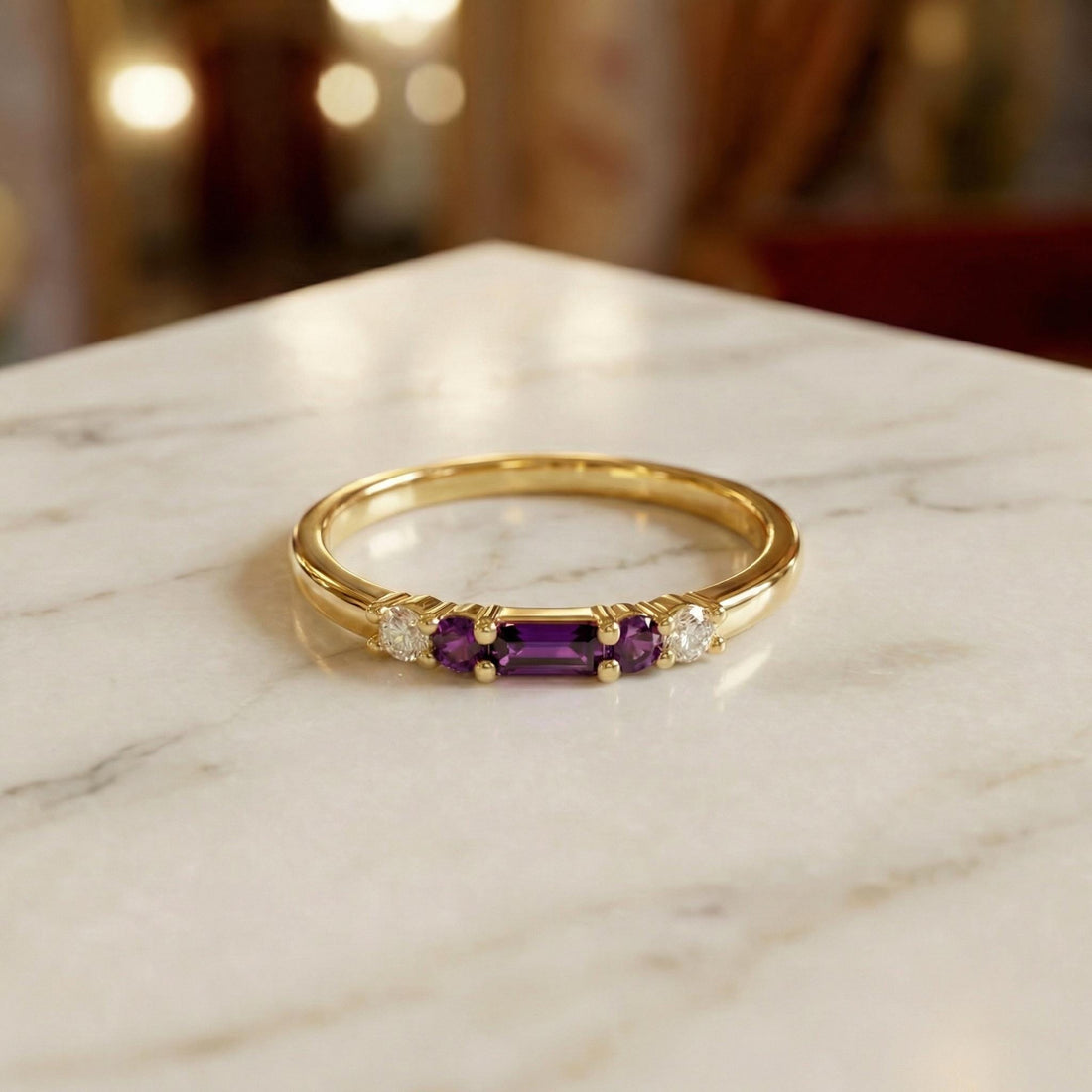 February Birthstone Amethyst Ring Dainty Gold Baguette Wedding Band Minimalist Birthday Gift Simple Stacking Promise Ring