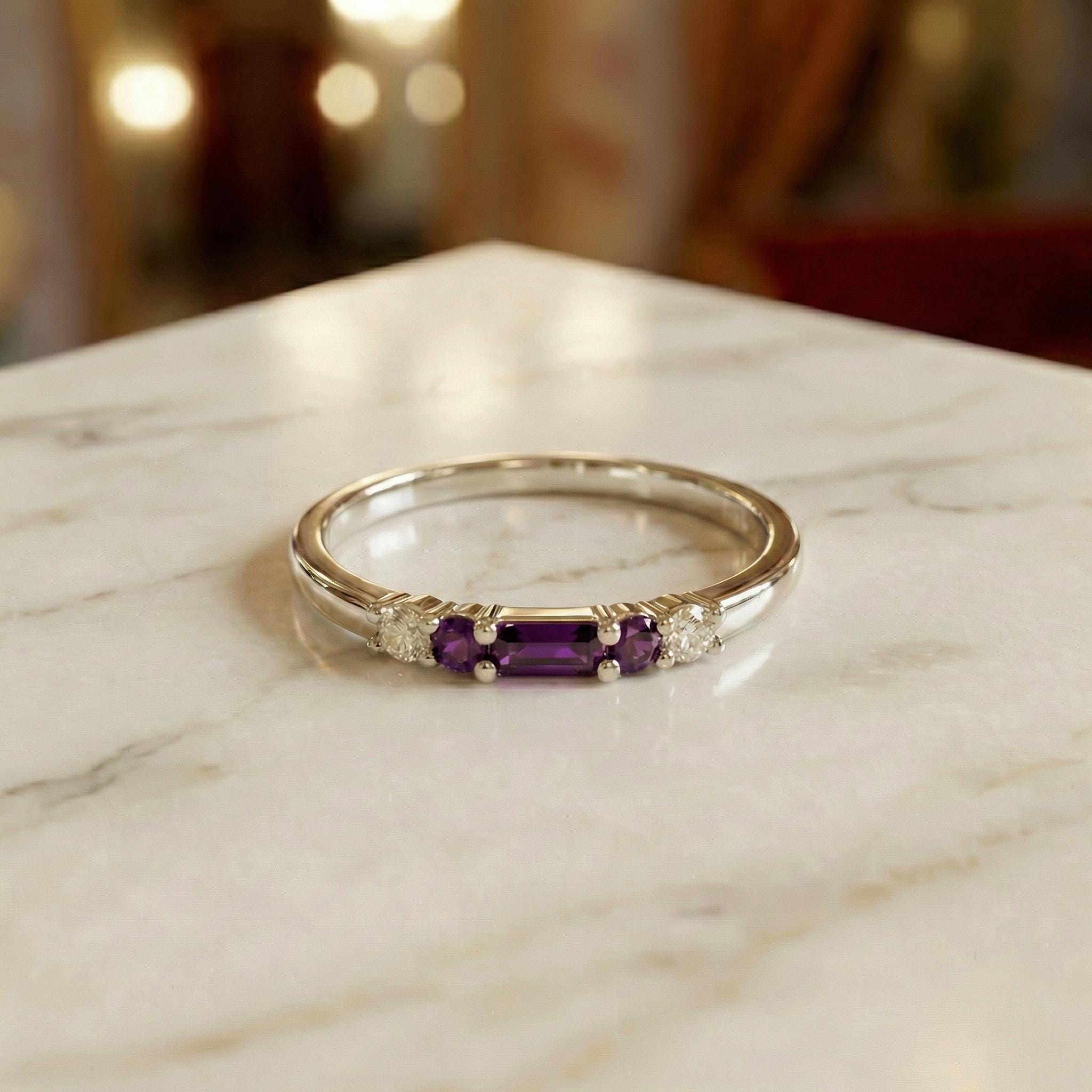 February Birthstone Amethyst Ring Dainty Gold Baguette Wedding Band Minimalist Birthday Gift Simple Stacking Promise Ring