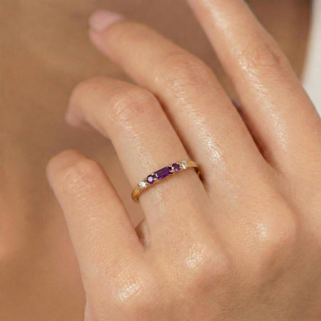 February Birthstone Amethyst Ring Dainty Gold Baguette Wedding Band Minimalist Birthday Gift Simple Stacking Promise Ring