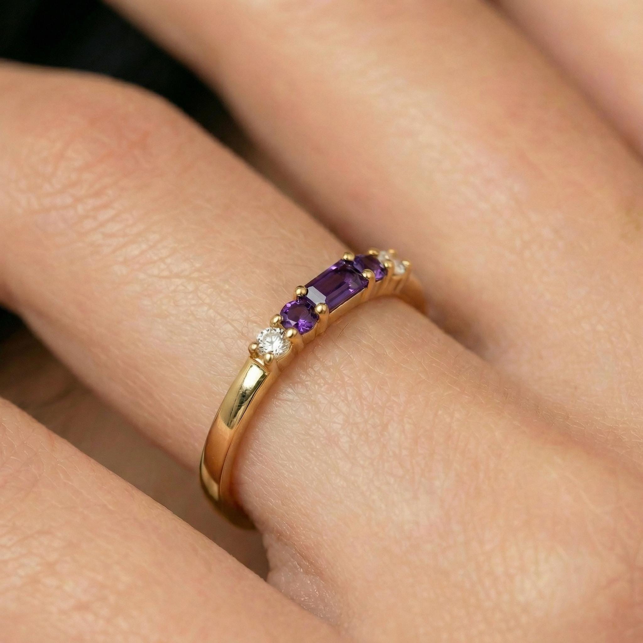 February Birthstone Amethyst Ring Dainty Gold Baguette Wedding Band Minimalist Birthday Gift Simple Stacking Promise Ring