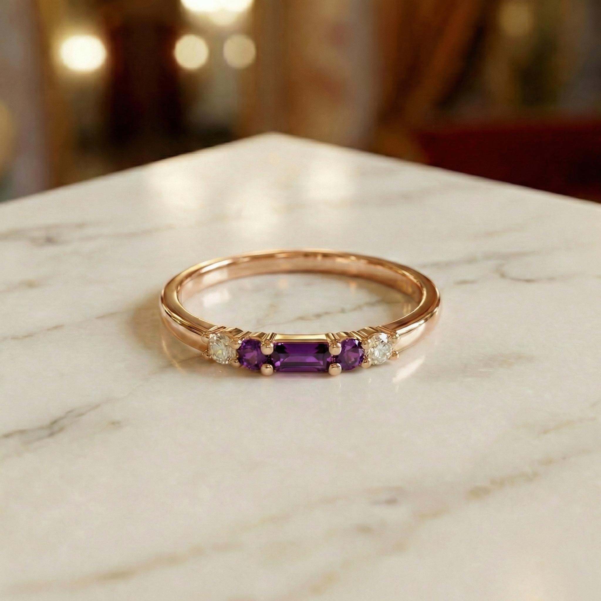 February Birthstone Amethyst Ring Dainty Gold Baguette Wedding Band Minimalist Birthday Gift Simple Stacking Promise Ring